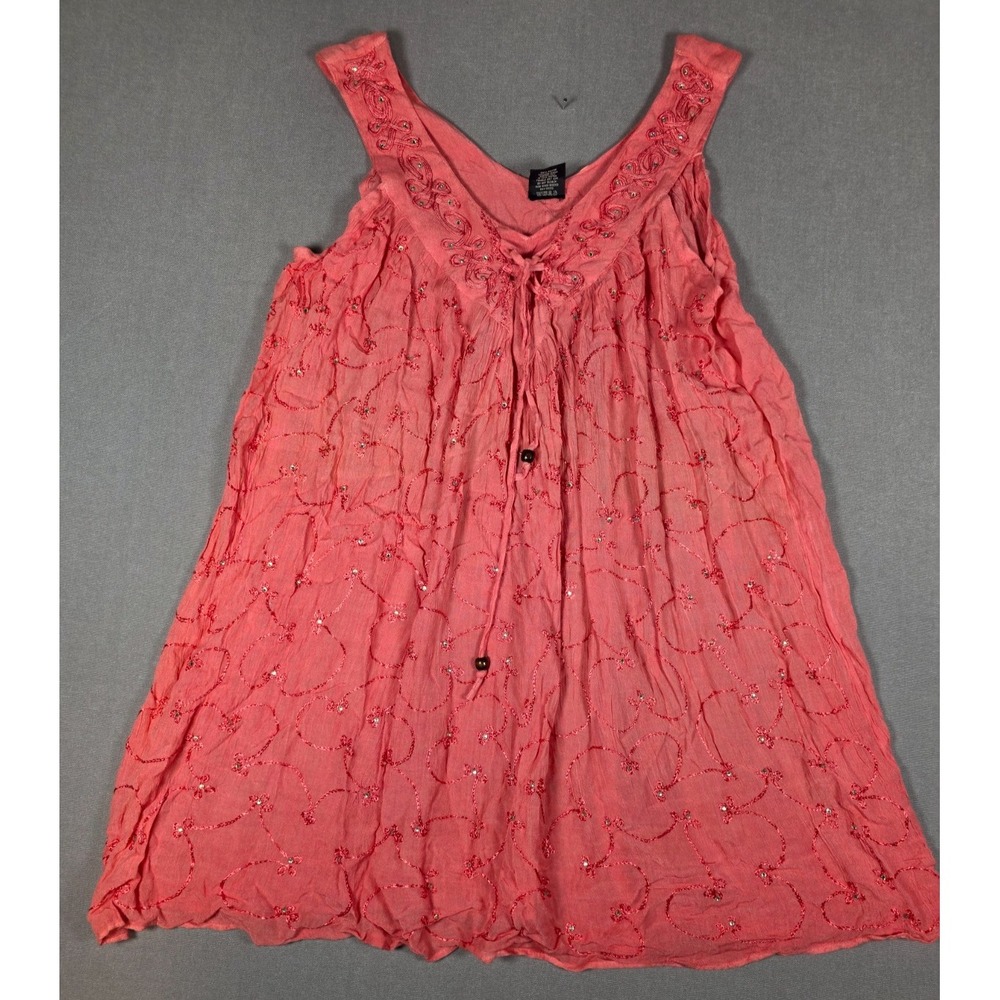 Embroidered Boho‎ Peasant Tank Top 1X Coral Rayon Beaded Flowy Tunic Coverup